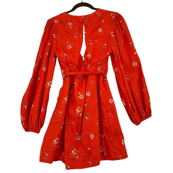 Free People Mini Dress Size 4 Orange Floral Belted Faux Wrap Balloon Sleeves - Picture 8 of 13